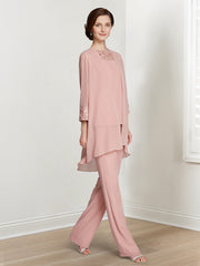 Long Square Neck Chiffon Pantsuit With Long Sleeves and Jacket for the Mother of the Bride