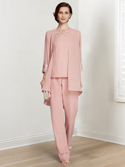 Long Square Neck Chiffon Pantsuit With Long Sleeves and Jacket for the Mother of the Bride
