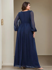 Long V Neck A Line Gown with Ruffles for the Mother of the Bride