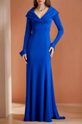 Long V Neck Mermaid Trumpet Mother of the Bride Dress with Ruffled Long Sleeves