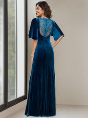 Long Velvet Mother of the Bride Dress with Scoop Neck Half Sleeves and Beaded Appliques & Sequins