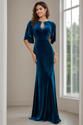Long Velvet Mother of the Bride Dress with Scoop Neck Half Sleeves and Beaded Appliques & Sequins