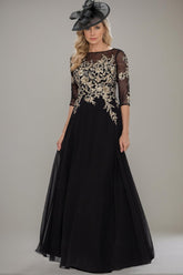 Long A line Gown with Jewel Neckline and Lace Ruffle Details