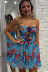 Suzhoufashion Floral A Line Ruched Strapless Short Homecoming Dress