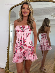 Floral Bodycon Strapless Short Ruffled Homecoming Dress with Bow