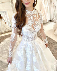 Floral Lace Aline Long Sleeves Floor-Length Wedding Dress