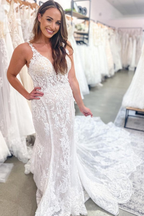 Floral Lace Sleeveless V neck Floor-Length Wedding Dress