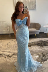 Floral Mermaid Sky Blue Prom Dress Strapless Long Formal Dress With Bow