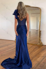 Floral Navy Prom Dress Corset One Shoulder Formal Dress With Slit