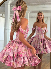Floral Off Shoulder Brocade Homecoming Dress with Ruffled