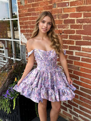 Floral Off Shoulder Brocade Homecoming Dress with Ruffled