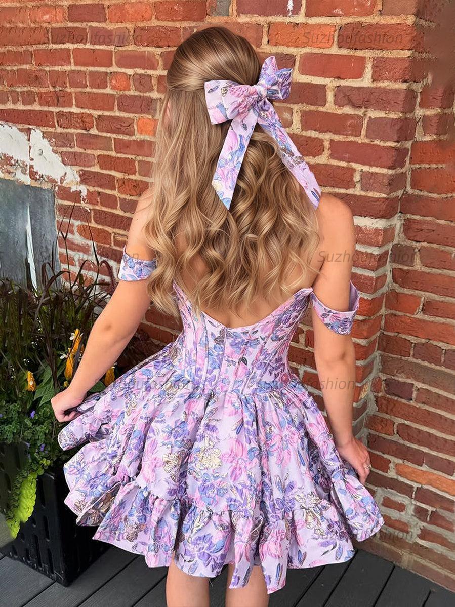Floral Off Shoulder Brocade Homecoming Dress with Ruffled