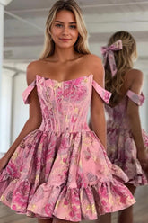 Suzhoufashion Floral Off Shoulder Brocade Homecoming Dress with Ruffled