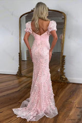 Floral Pink Prom Dress Mermaid Long Formal Dress With Puffsleeves