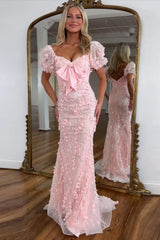 Floral Pink Prom Dress Mermaid Long Formal Dress With Puffsleeves