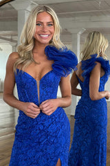Floral Royal Blue Prom Dress One Shoulder Corset Formal Dress With Slit