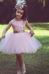 Flower Scoop Pink Tulle Lace-Applique Flower Girls Dresses