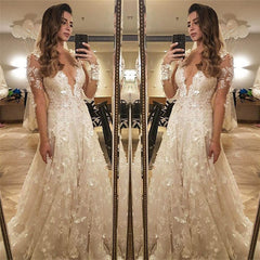 Flowers Lace Long Sleeve Wedding Dress Illusion Amazing Bride Dress