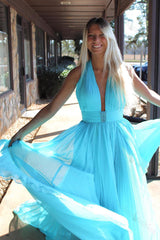 Flowy Turquoise Prom Dress Pleated Halter Long Chiffon Formal Dress
