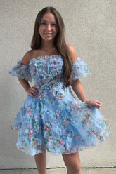 Fluffy Blue Homecoming Dresses Corset Off The Shoulder A-Line Short Cocktail Dresses