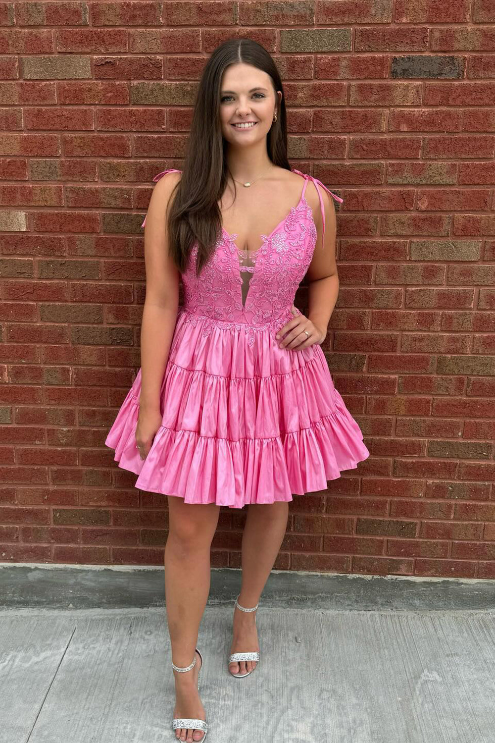 Fluffy Pink Homecoming Dresses A Line Ruffled Short Cocktail Dresses with Lace