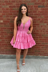 Fluffy Pink Homecoming Dresses A Line Ruffled Short Cocktail Dresses with Lace