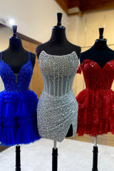 Fluffy Royal Blue Homecoming Dresses A Line Halter Tiered Short Corset Prom Dress
