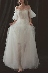 Formal A-Line Beach Wedding Dresses Strapless Tulle Short Sleeve Bridal Gowns On Sale