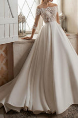 Formal A-Line Wedding Dress Bateau Lace Satin 3/4 Length Sleeves Bridal Gowns with Sweep Train