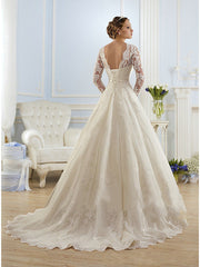 Formal A-Line Wedding Dress Jewel Lace Tulle Long Sleeve Sexy Bridal Gowns with Court Train