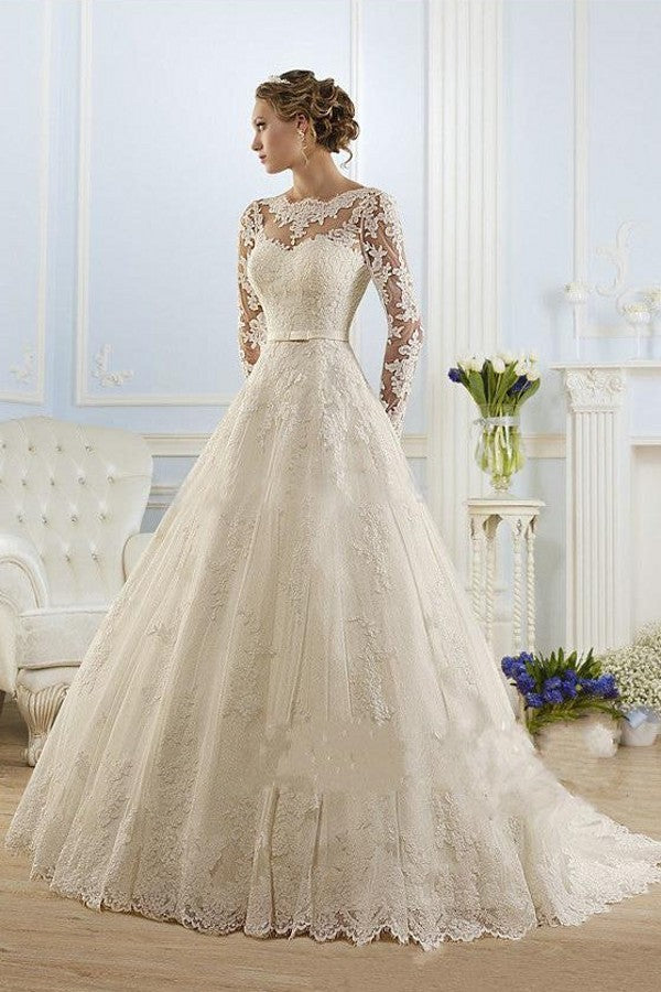 Formal A-Line Wedding Dress Jewel Lace Tulle Long Sleeve Sexy Bridal Gowns with Court Train