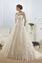 Formal A-Line Wedding Dress Jewel Lace Tulle Long Sleeve Sexy Bridal Gowns with Court Train