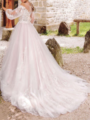 Formal A-Line Wedding Dress Jewel Lace Tulle Long Sleeve Sexy See-Through Bridal Gowns