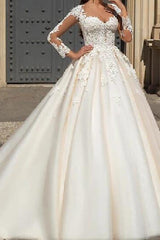 Formal A-Line Wedding Dress Jewel Lace Tulle Long Sleeve Sexy See-Through Bridal Gowns with Court Train