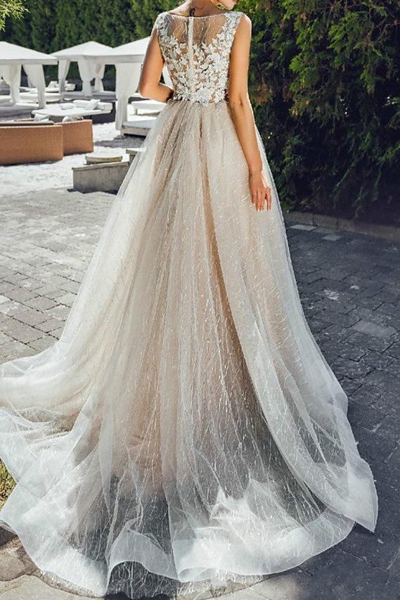 Formal A-Line Wedding Dress Jewel Lace Tulle Short Sleeve Plus Size Bridal Gowns with Sweep Train