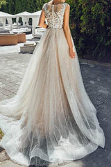 Formal A-Line Wedding Dress Jewel Lace Tulle Short Sleeve Plus Size Bridal Gowns with Sweep Train