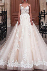 Formal A-Line Wedding Dress Jewel Lace Tulle Sleeveless Sexy See-Through Bridal Gowns with Sweep Train