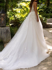 Formal A-Line Wedding Dress V-neck Lace Tulle Sleeveless Sexy Bridal Gowns with Court Train