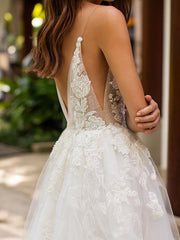Formal A-Line Wedding Dress V-neck Lace Tulle Sleeveless Sexy Bridal Gowns with Court Train