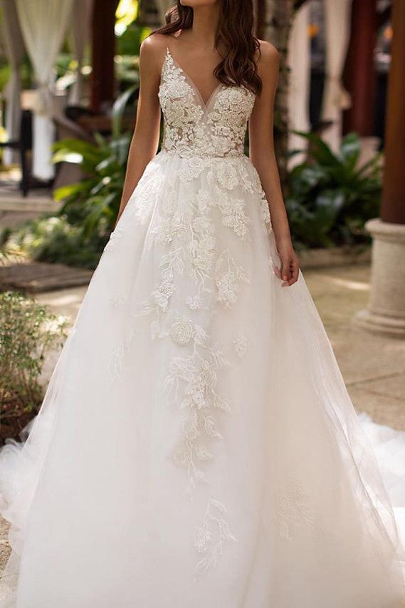 Formal A-Line Wedding Dress V-neck Lace Tulle Sleeveless Sexy Bridal Gowns with Court Train