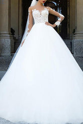 Formal Ball Gown A-Line Wedding Dress Jewel Lace Tulle Long Sleeve Sexy See-Through Backless Bridal Gowns with Sweep Train