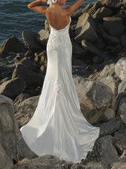 Formal Mermaid Beach Wedding Dress V-Neck Lace Sleeveless Beach Bridal Gowns Sweep Train