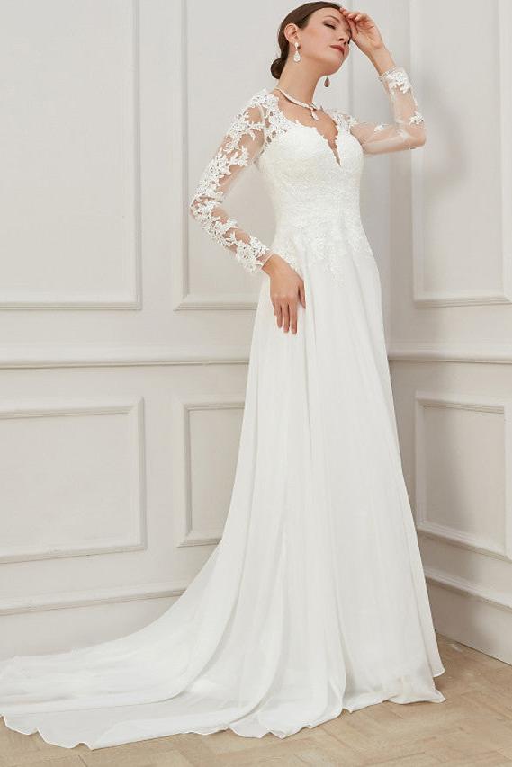 Formal Sheath Wedding Dress V-Neck Lace Tulle Long Sleeves Plus Size Bridal Gowns with Sweep Train