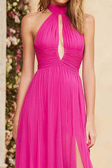 Suzhoufashion Fuchsia A Line Halter Ruched Keyhole Long Chiffon Prom Dress With Slit