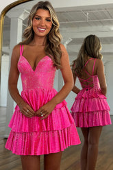 Fuchsia Beaded Homecoming Dresses Tiered Ruffled A Line Short Cocktail Dresses