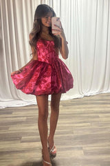 Fuchsia Floral Off-the-Shoulder A-Line Corset Short Homecoming Dress