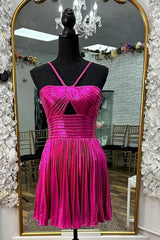 Fuchsia Homecoming Dresses A-Line Halter Pleated Short Cocktail Dresses
