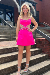 Fuchsia Homecoming Dresses A-Line Short Beaded Prom Dress with Bows