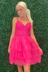 Fuchsia Homecoming Dresses A Line Tiered Corset Short Cocktail Dresses With Appliques