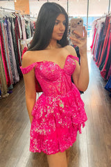 Fuchsia Homecoming Dresses A Line Tiered Lace Short Cocktail Dresses